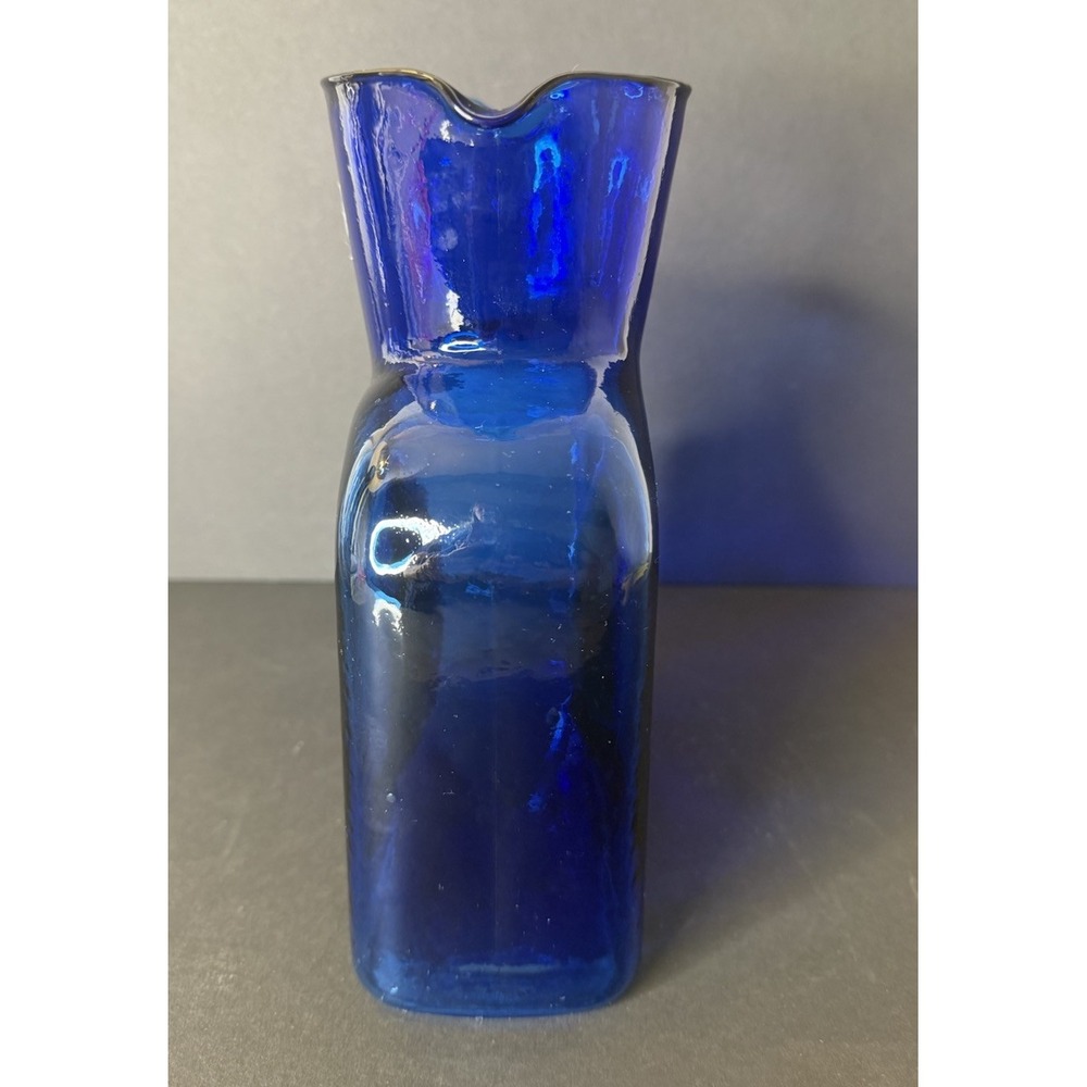 VTG Blenko Glass 384 Cobalt Blue Double Spout Water Bottle Pitcher Foil Label - Picture 4 of 13